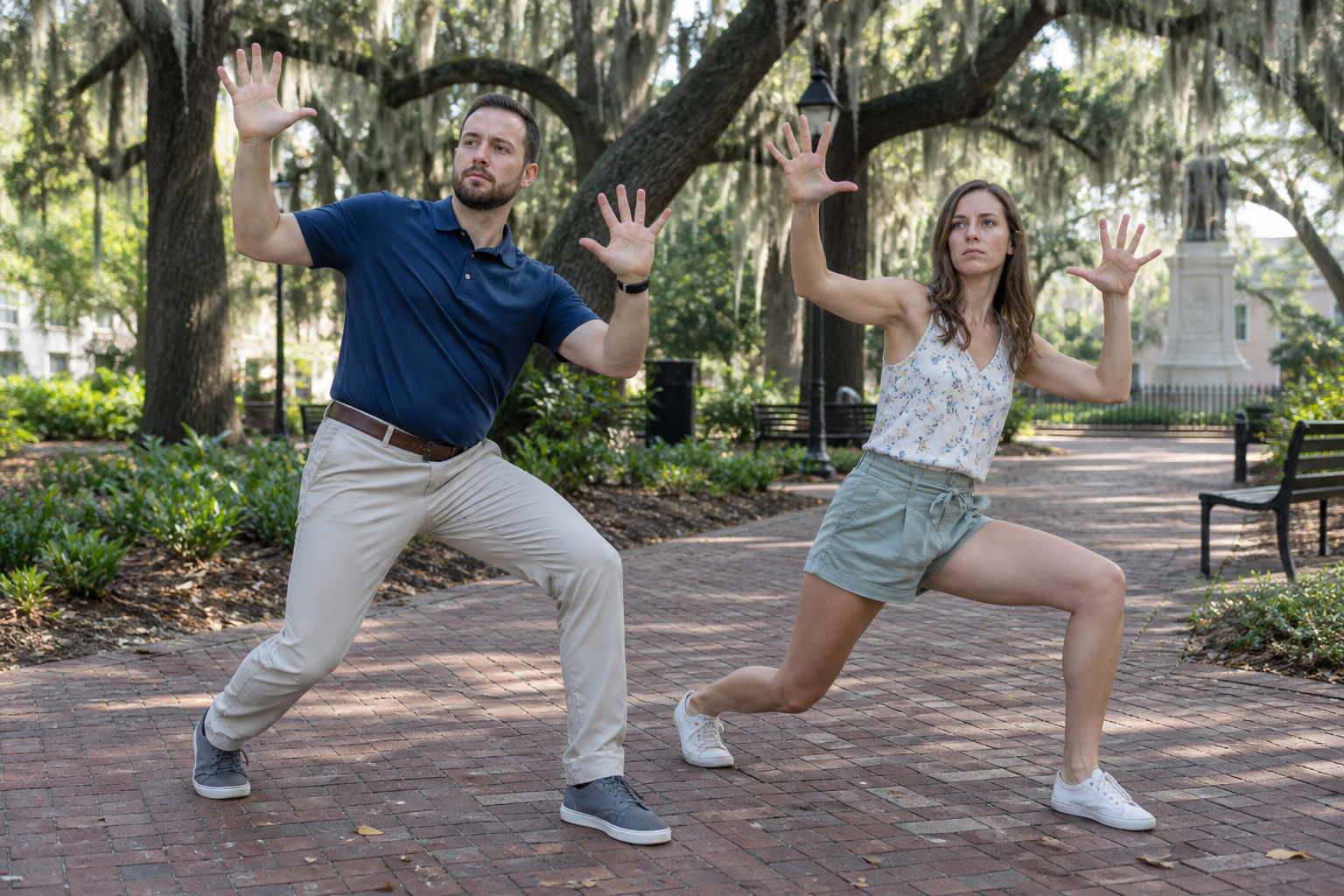 Two adults lunging with comically serious synchronized jazz hands beneath Savannah live oaks