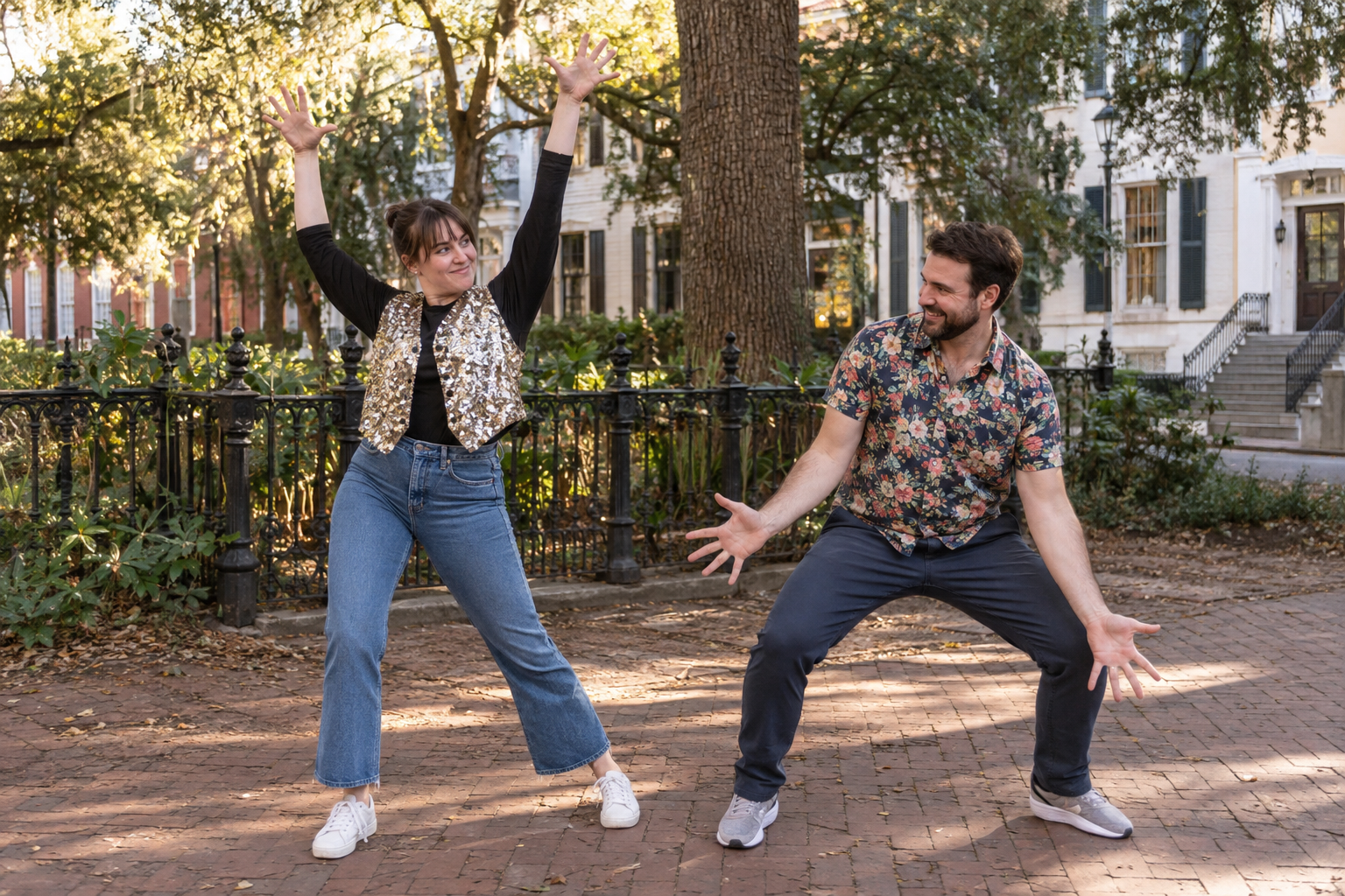 A duo in a sequined vest and floral shirt performing exaggerated high and low jazz hands in a Savannah square